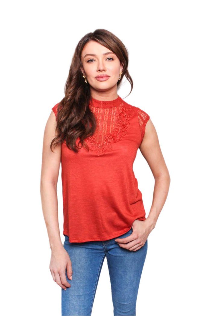 Women's Sleeveless Lace Neckline Crochet Blouse Top