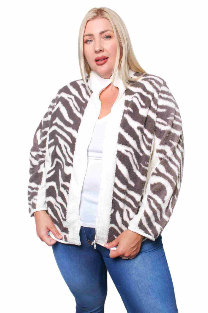 Women’s Plus Size Zip Up Fuzzy Zebra Print Jacket