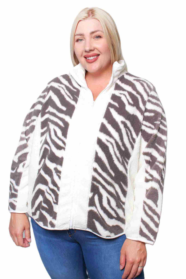 Women’s Plus Size Zip Up Fuzzy Zebra Print Jacket