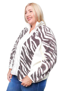 Women’s Plus Size Zip Up Fuzzy Zebra Print Jacket