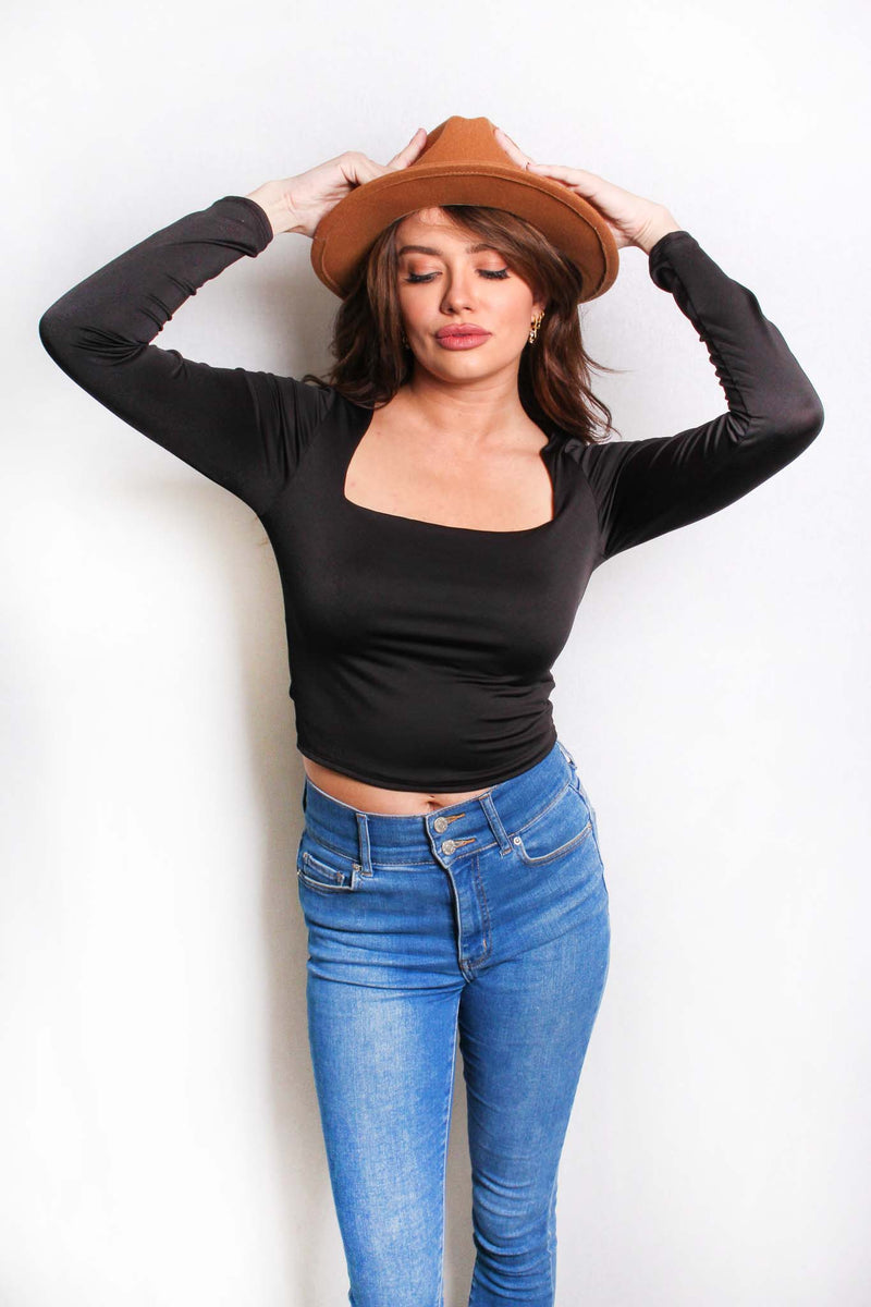 Women's Long Sleeve Square Neck Cropped Top