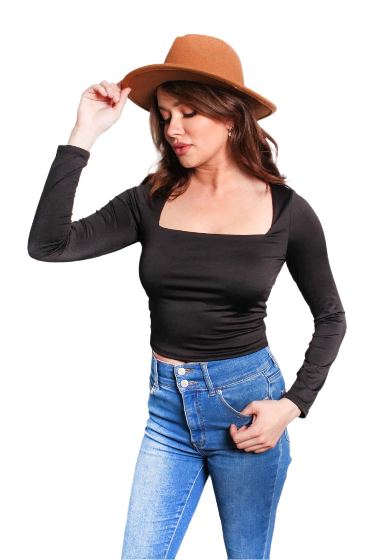 Women's Long Sleeve Square Neck Cropped Top