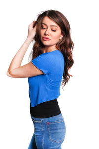 Women's Ruffle Sleeve O Ring Ribbed Crop Top