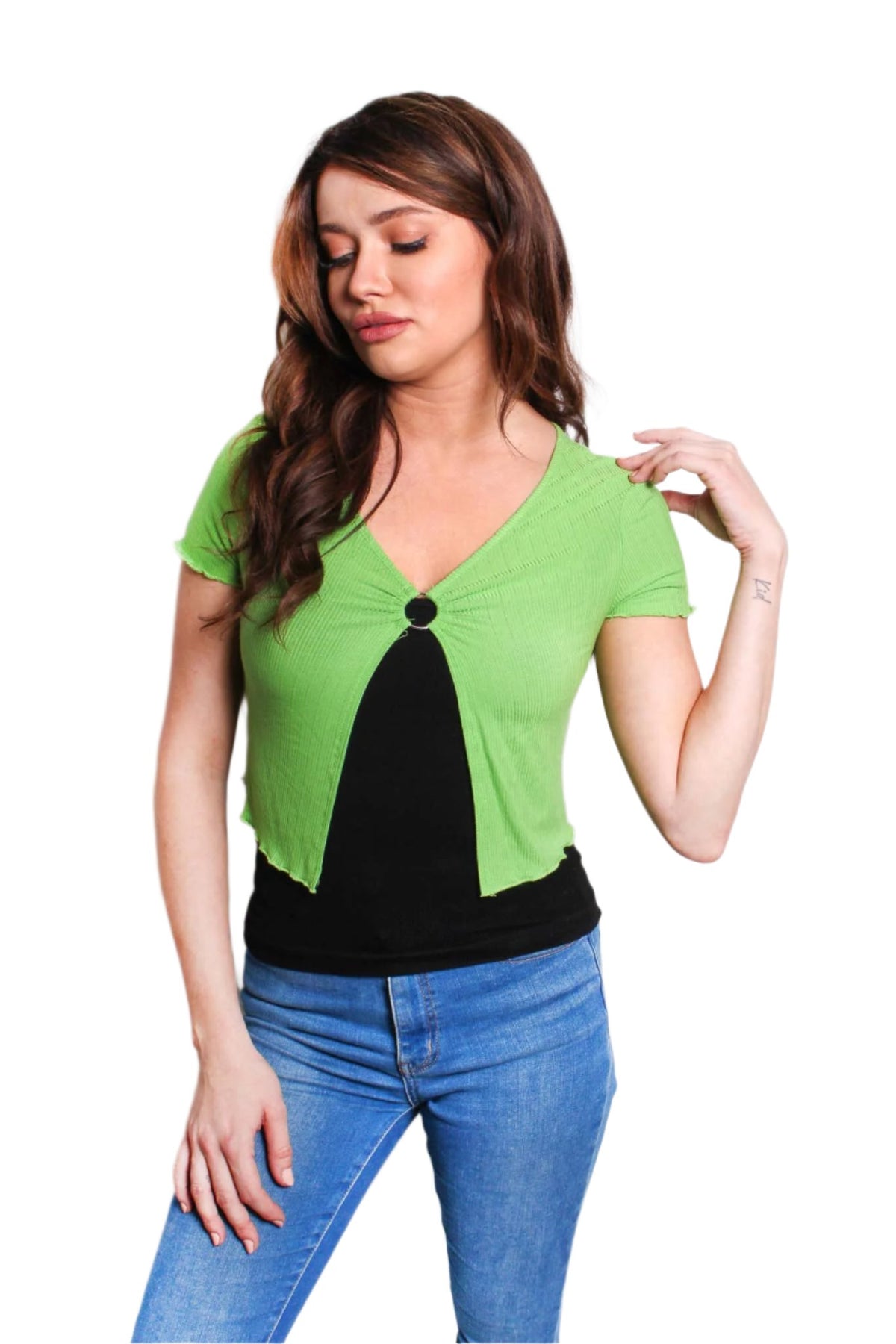 Women's Ruffle Sleeve O Ring Ribbed Crop Top