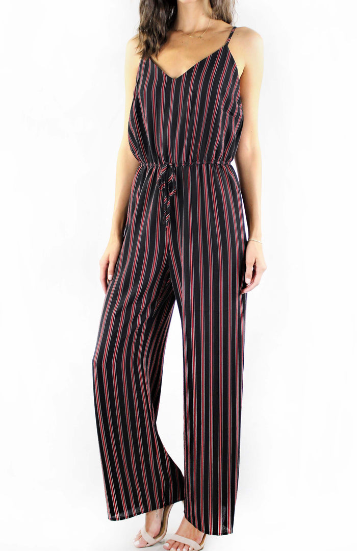 Women's Strappy Tie Waist Stripes Jumpsuit