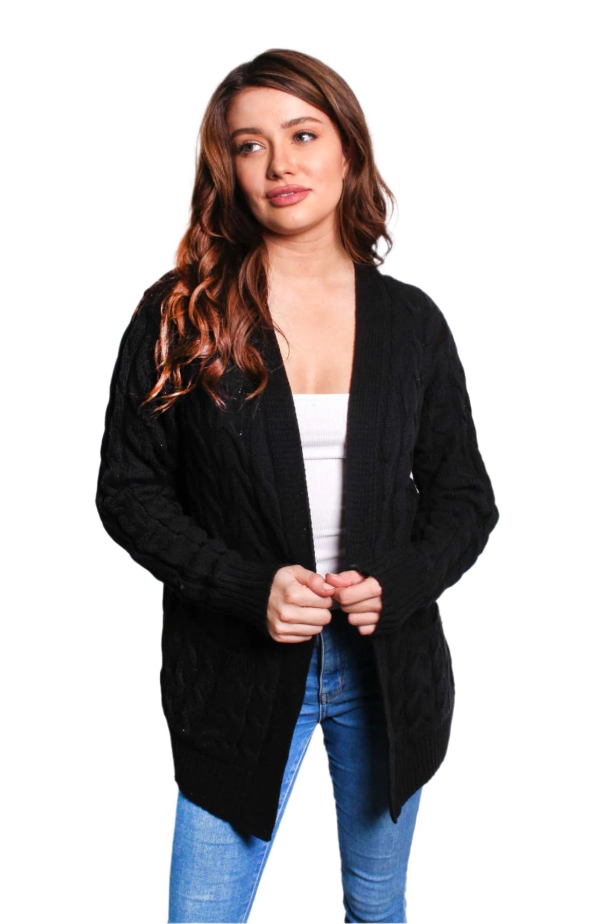 Women's Long Sleeves Open Front Double Pocket Cable Knit Cardigan