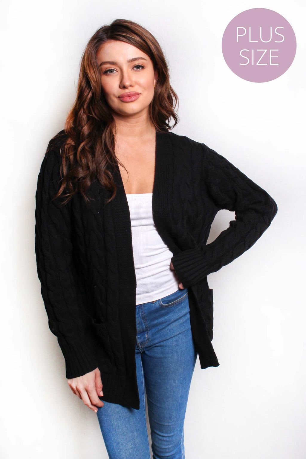 Women's Plus Long Sleeves Open Front Double Pocket Ribbed Cardigan