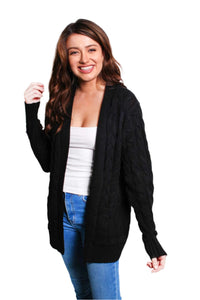 Women's Long Sleeves Open Front Double Pocket Cable Knit Cardigan