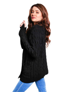 Women's Long Sleeves Open Front Double Pocket Cable Knit Cardigan