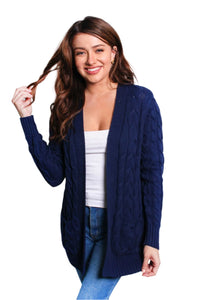 Women's Long Sleeves Open Front Double Pocket Cable Knit Cardigan