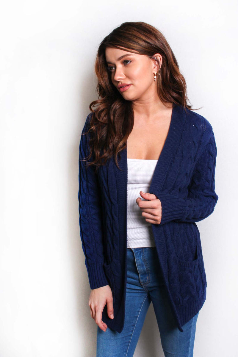 Women's Plus Long Sleeves Open Front Double Pocket Cable Knit Cardigan