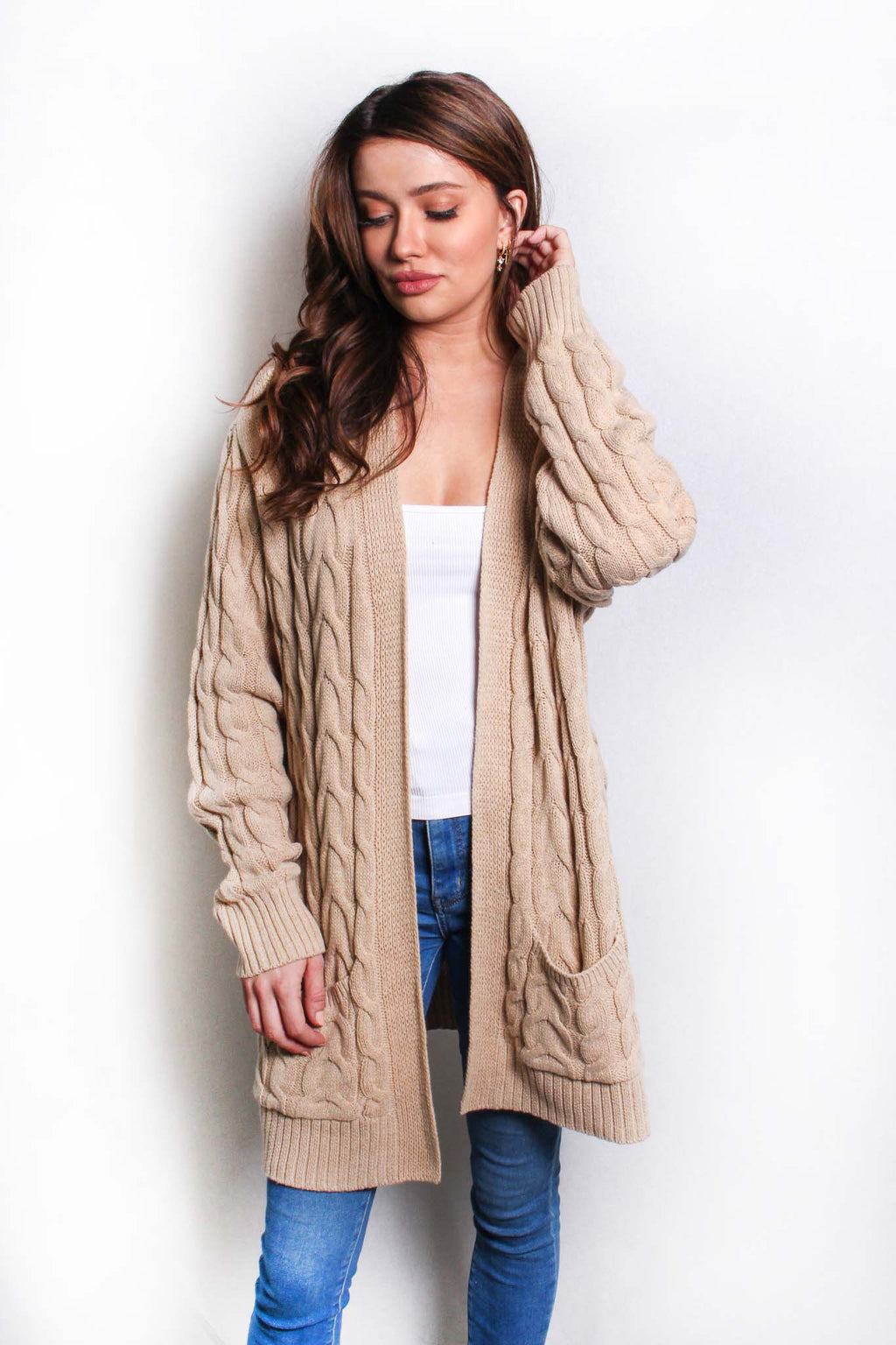 Women's Long Sleeves Open Front Double Pocket Ribbed Cardigan