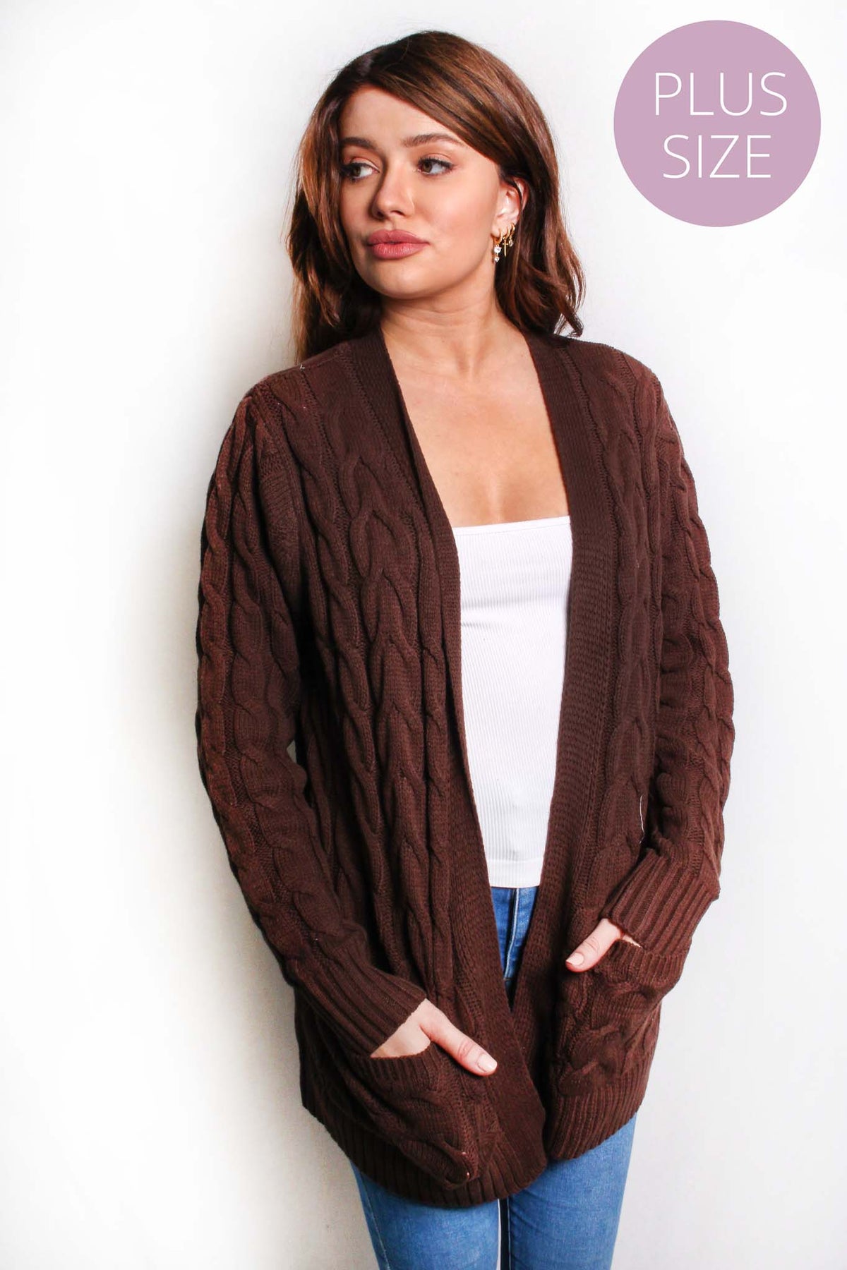Women's Plus Long Sleeves Open Front Double Pocket Cable Knit Cardigan