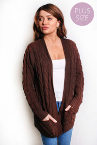 Women's Plus Long Sleeves Open Front Double Pocket Cable Knit Cardigan