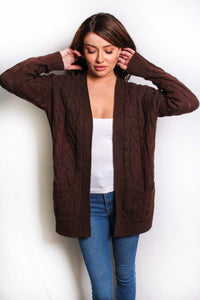 Women's Plus Long Sleeves Open Front Double Pocket Cable Knit Cardigan