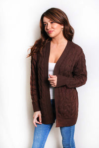 Women's Plus Long Sleeves Open Front Double Pocket Cable Knit Cardigan