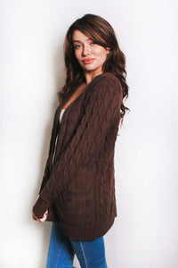 Women's Plus Long Sleeves Open Front Double Pocket Cable Knit Cardigan