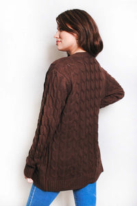 Women's Plus Long Sleeves Open Front Double Pocket Cable Knit Cardigan