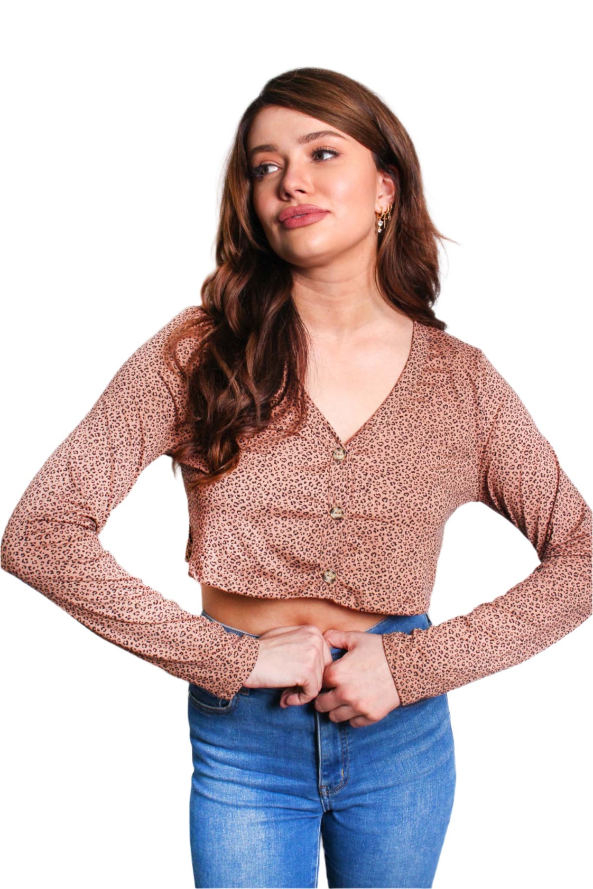 Women's Long Sleeve Button Down Leopard Print Crop Top