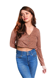 Women's Long Sleeve Button Down Leopard Print Crop Top