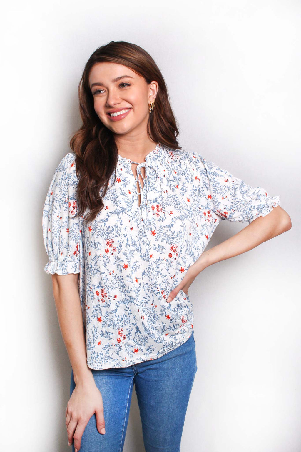 Women's 3/4 Sleeve Tie Collar Ruffled Floral Smocked Blouse