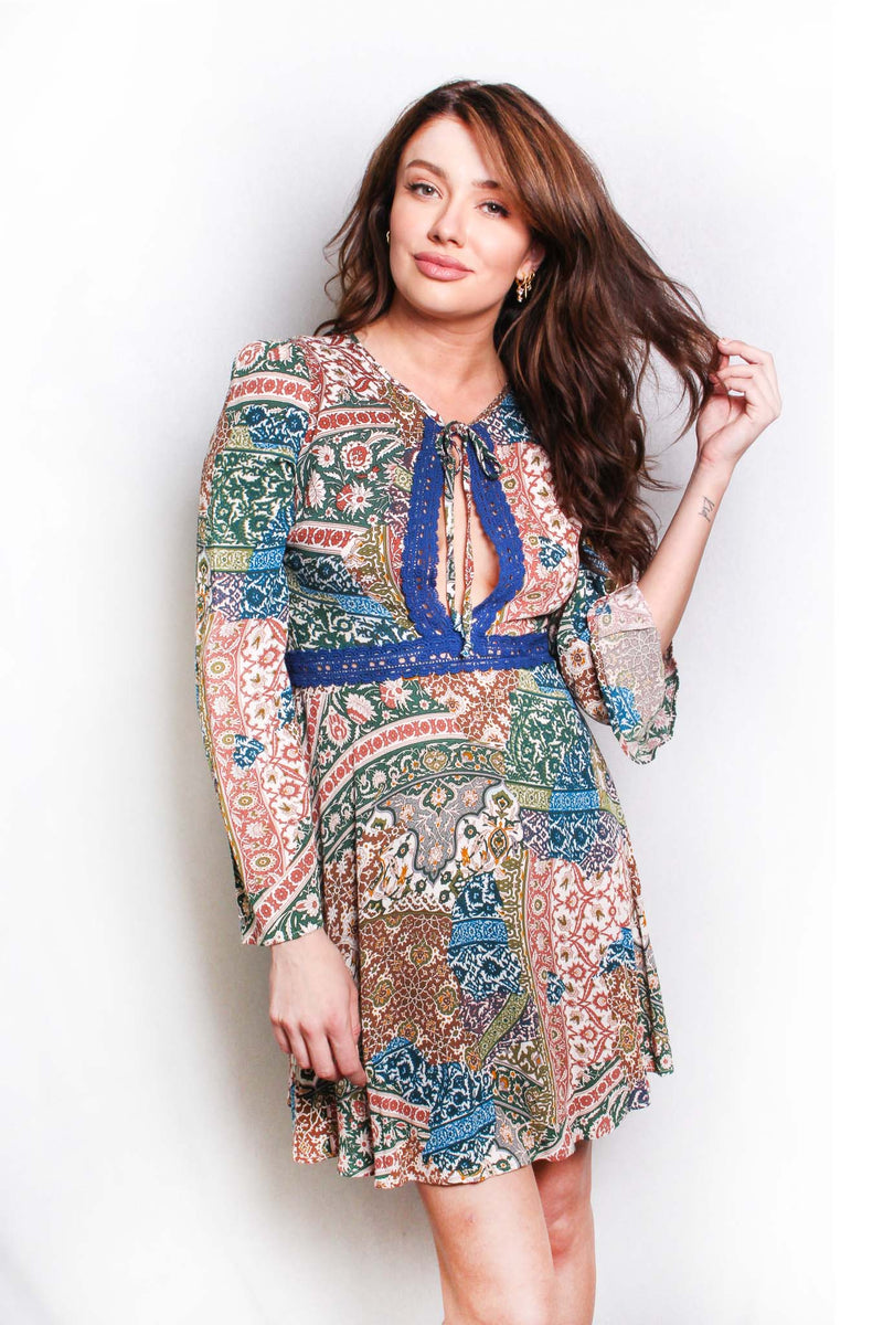 Women's Long Sleeve Embroidered Floral Print Mini Dress