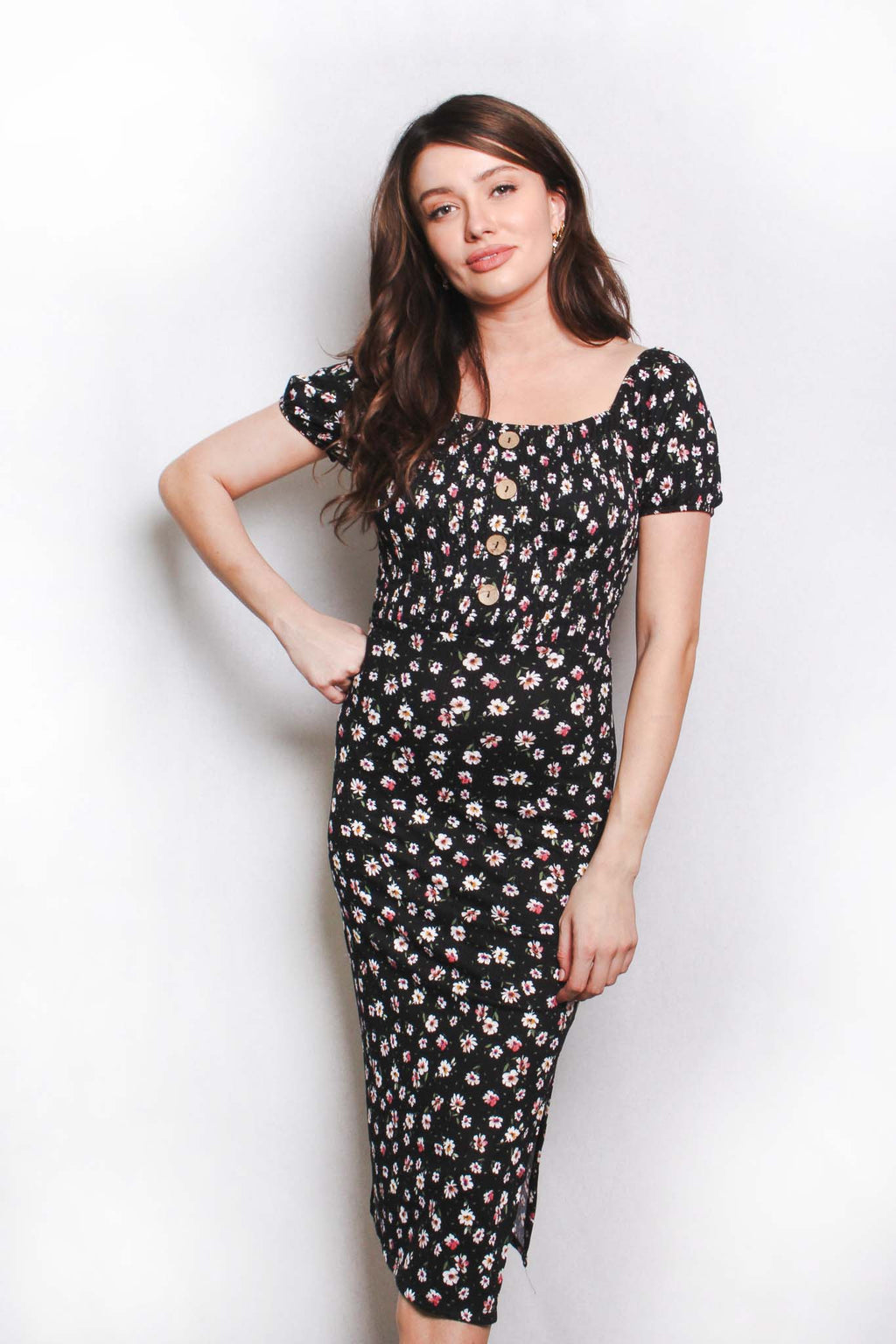 Women's Short Sleeve Square Neck Floral Pleated Midi Dress