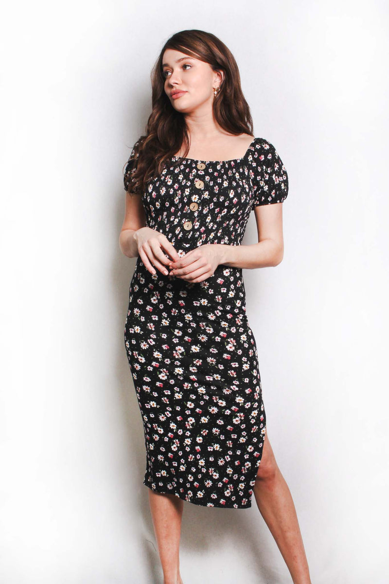 Women's Short Sleeve Square Neck Floral Pleated Midi Dress