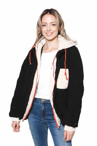 Women's Mixed Media Sherpa Boucle Hooded Oversized Jacket
