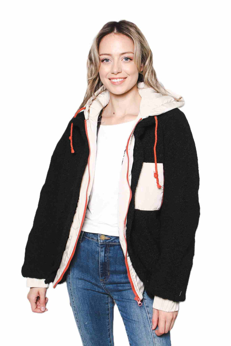 Women's Mixed Media Sherpa Boucle Hooded Oversized Jacket