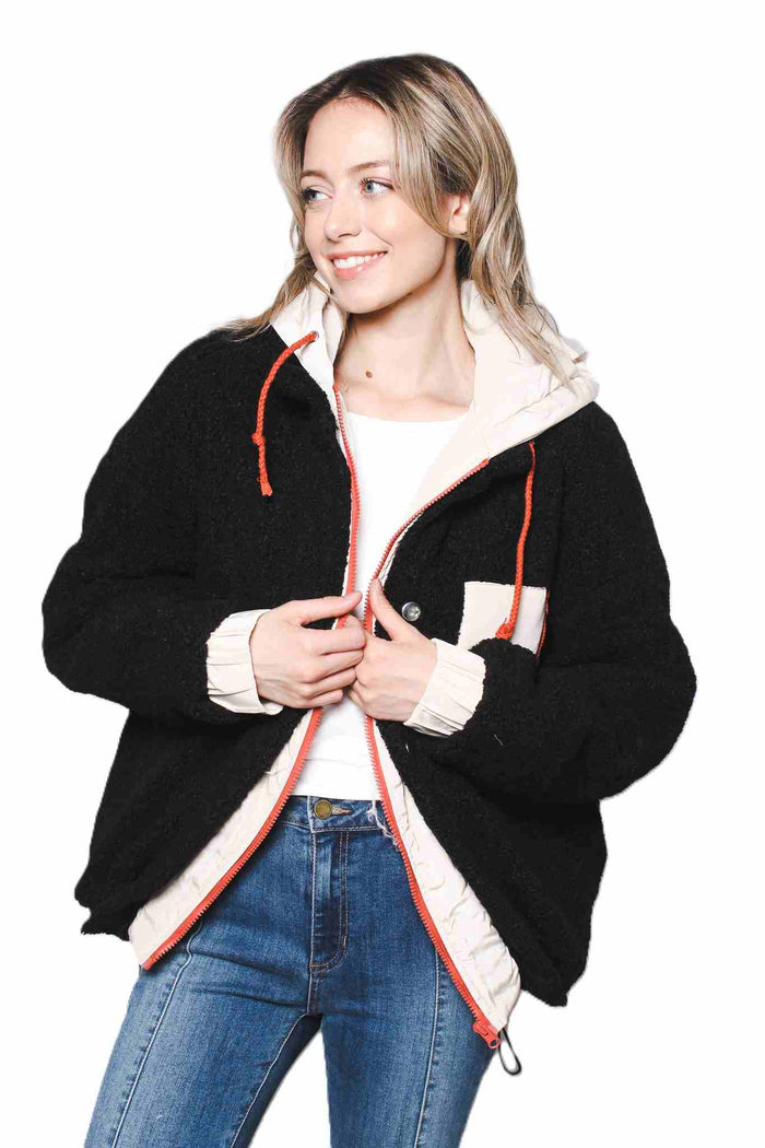 Women's Mixed Media Sherpa Boucle Hooded Oversized Jacket