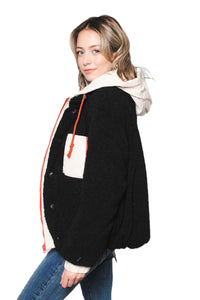 Women's Mixed Media Sherpa Boucle Hooded Oversized Jacket