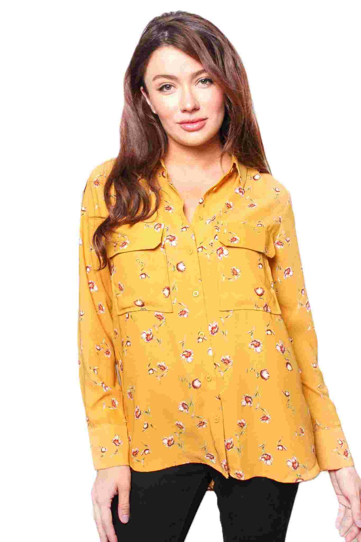 Women's Long Sleeve Floral Button Down Pocket Top