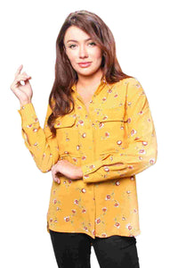 Women's Long Sleeve Floral Button Down Pocket Top