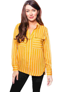 Women's Long Sleeve Striped Double Pocket Top