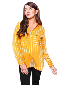 Women's Long Sleeve Striped Double Pocket Top