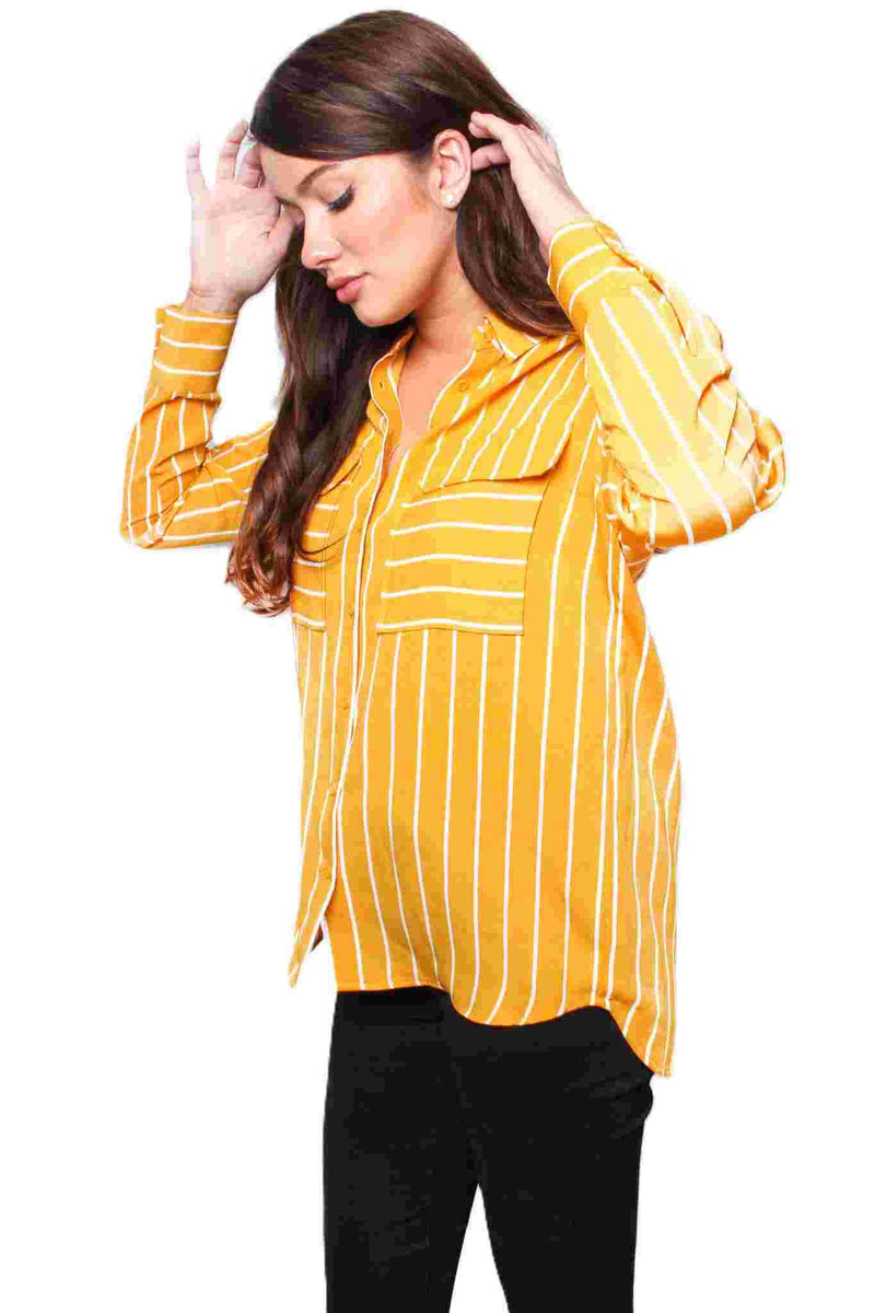 Women's Long Sleeve Striped Double Pocket Top