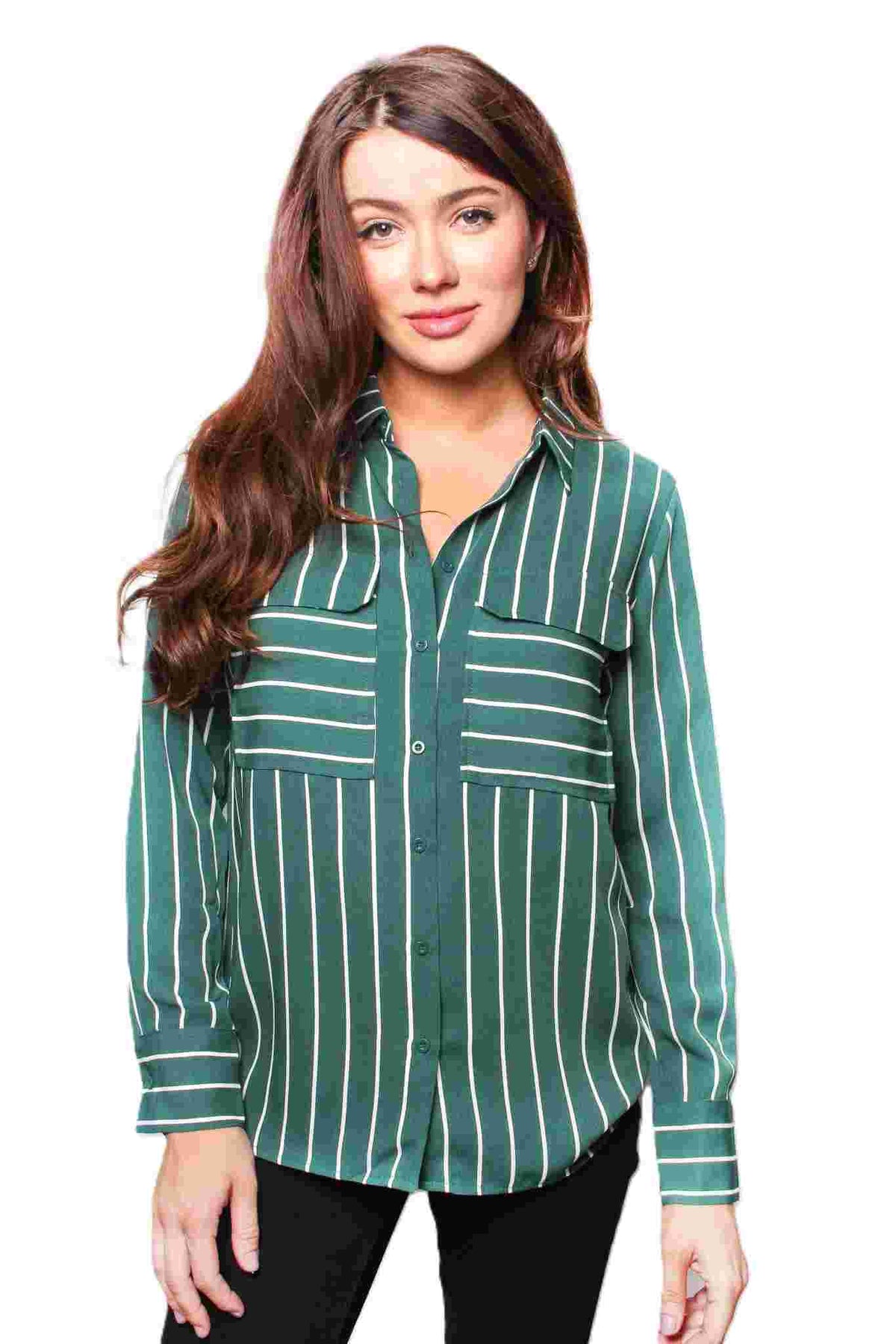Women's Long Sleeve Striped Double Pocket Top