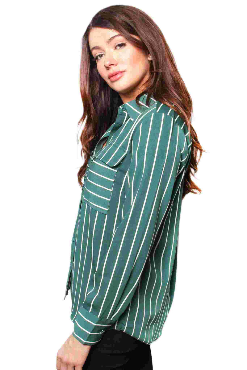 Women's Long Sleeve Striped Double Pocket Top