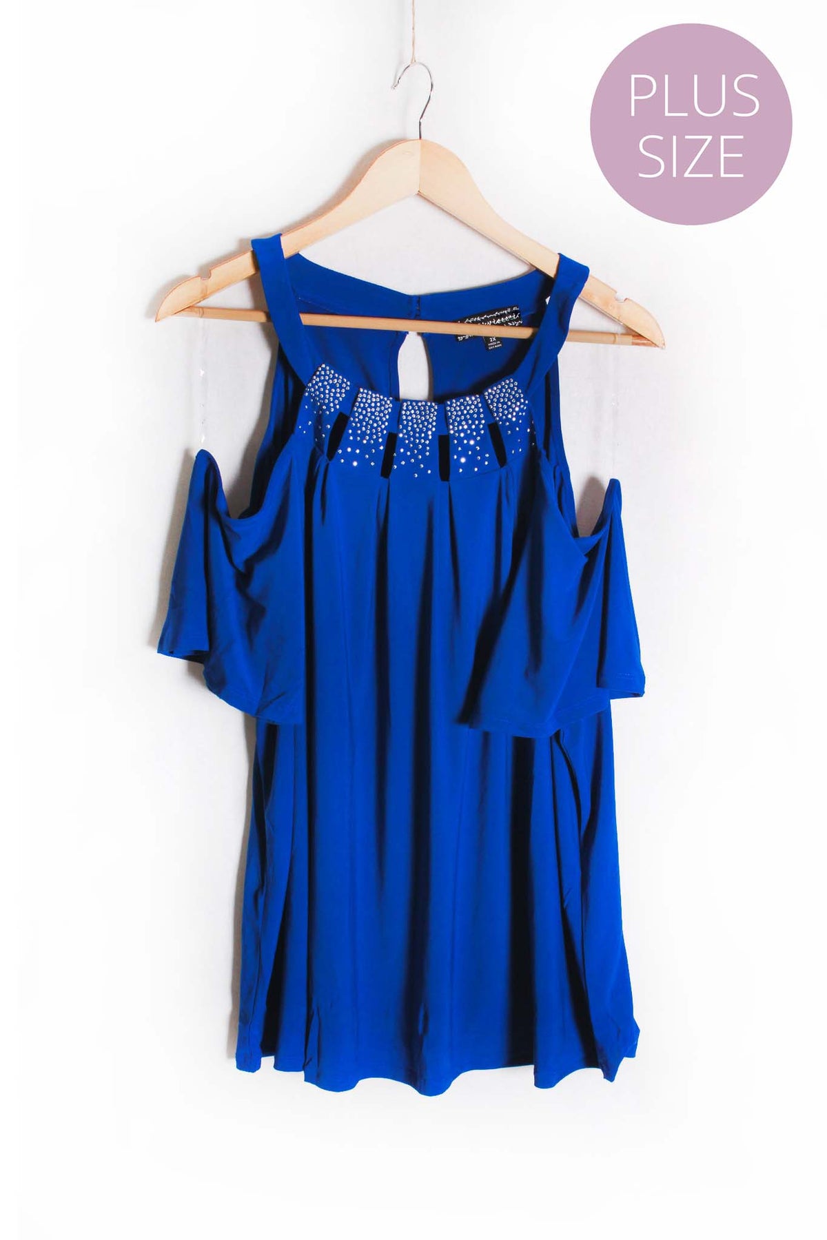 Women's Plus Short Sleeve Cold Shoulder Crystal Embellished Top