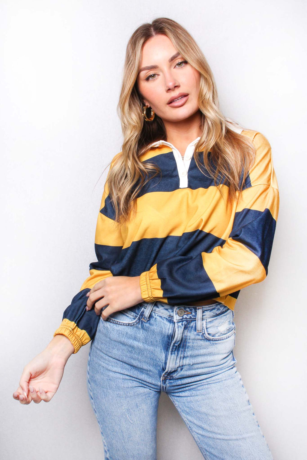 Women's Plus Long Sleeve Button Up Striped Top