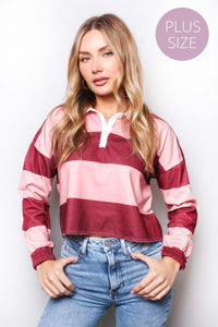 Women's Plus Long Sleeve Johnny Collar Striped Top