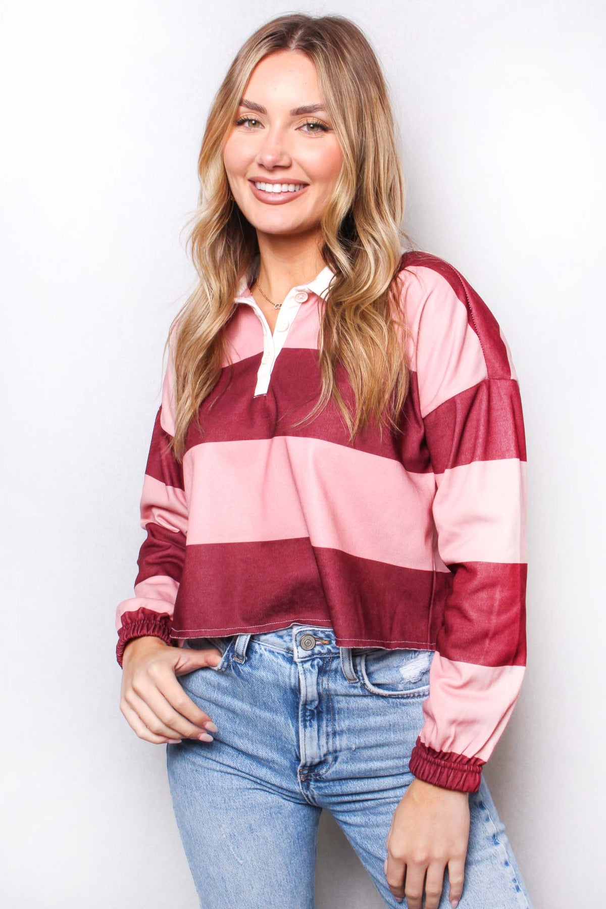 Women's Plus Long Sleeve Johnny Collar Striped Top