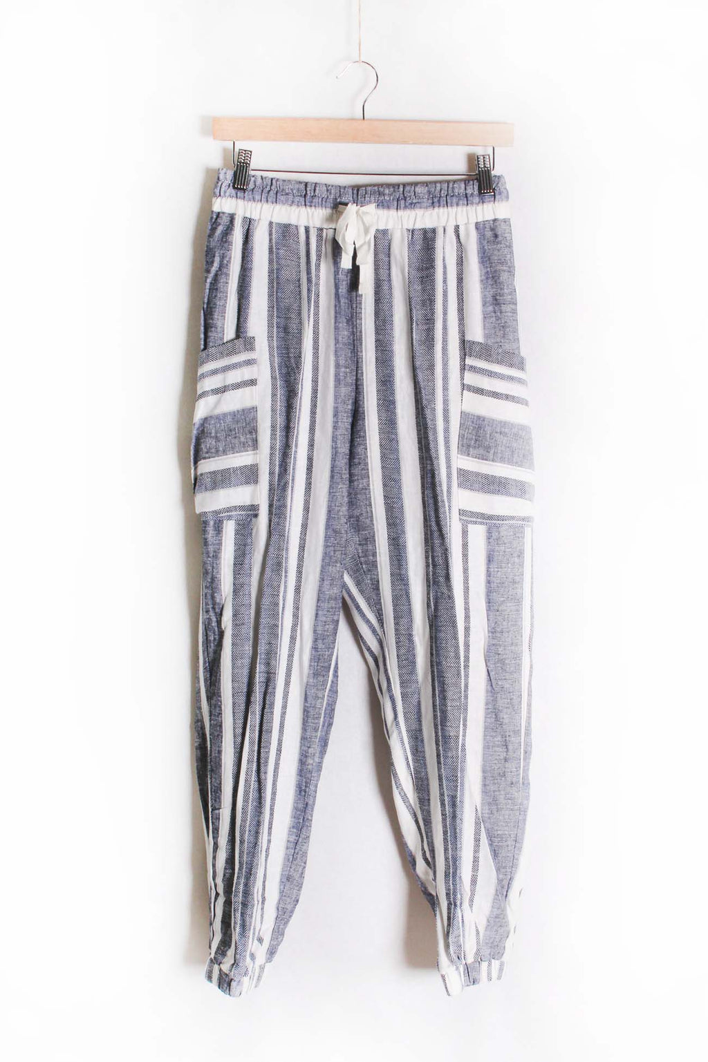 Women's Drawstring Pocketed Stripe Linen Blend Pants