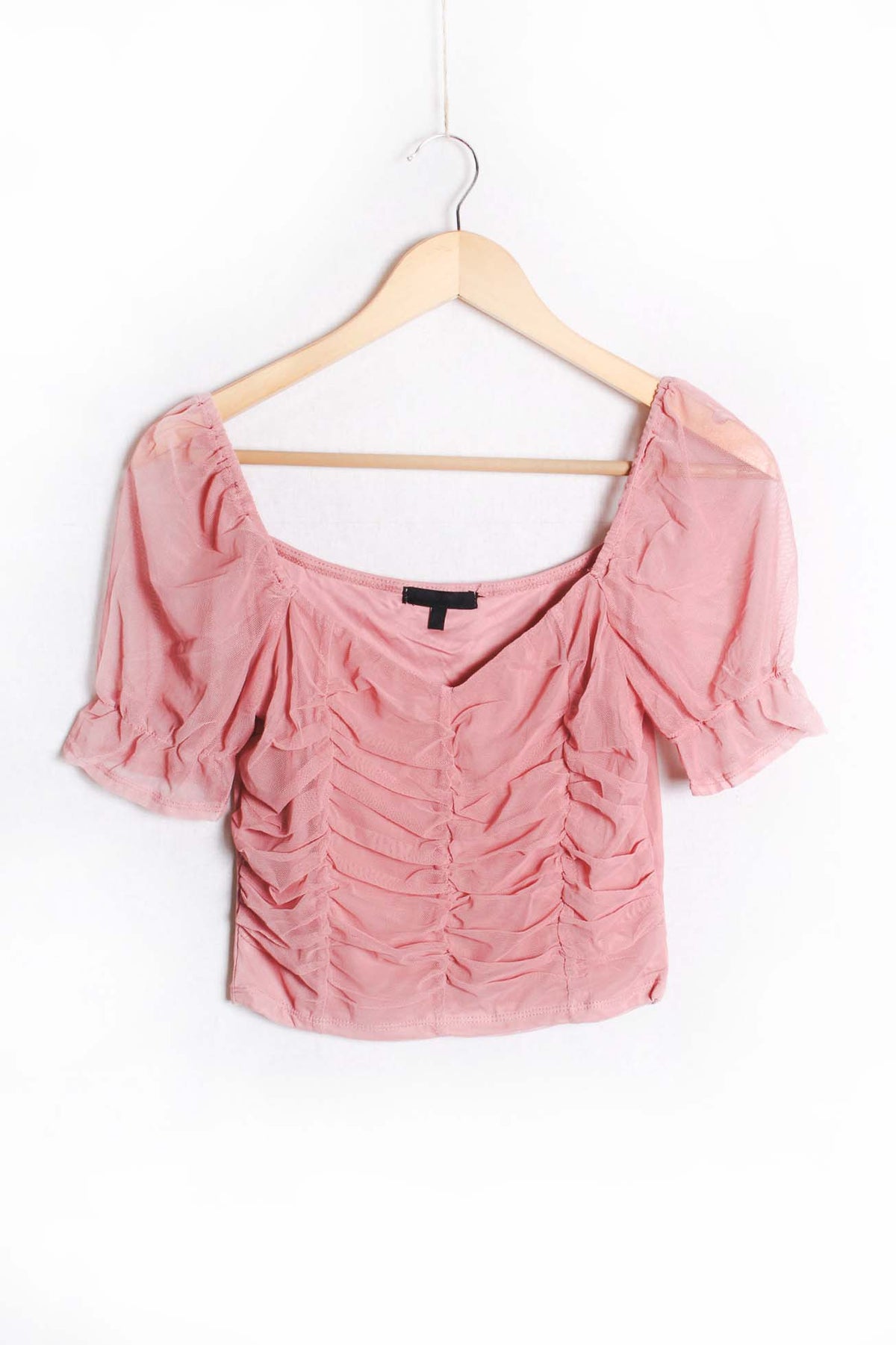 Women's Puff Sleeve Overall Ruched Mesh Top