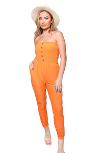 Women's Tube Smocked Button Front Pocket Jumpsuit