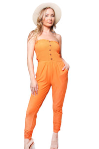 Women's Tube Smocked Button Front Pocket Jumpsuit
