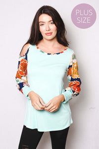 Women's Plus Long Floral Sleeve One Side Cold Shoulder Tunic Top