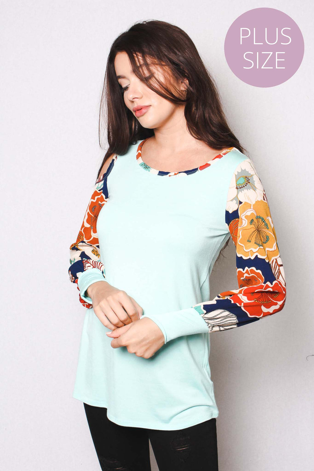 Women's Plus Long Floral Sleeve One Side Cold Shoulder Tunic Top