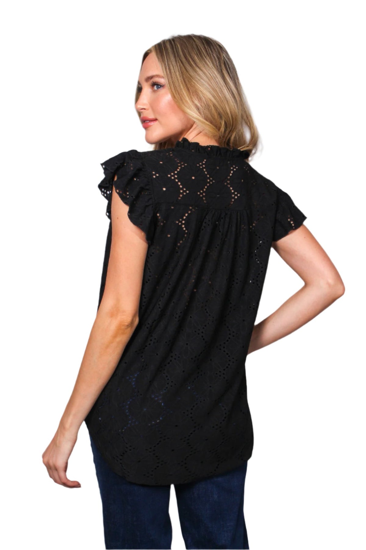 Women's Butterfly Sleeve Button Neck Eyelet Embroidered Blouse Top